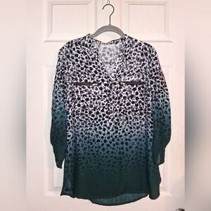 Cato Chiffon Teal Ombre Leopard Print Button-Front Blouse